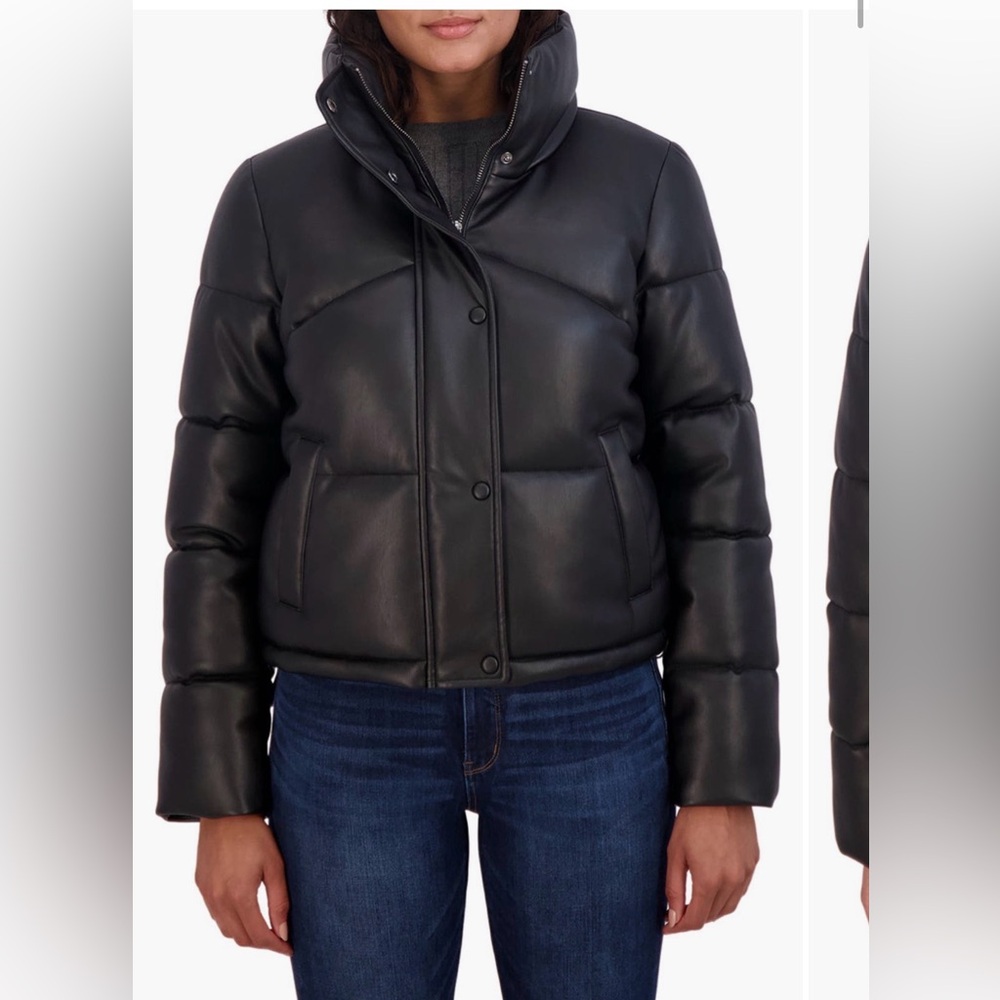 Women's Faux Leather Matte Black Puffer Jacket